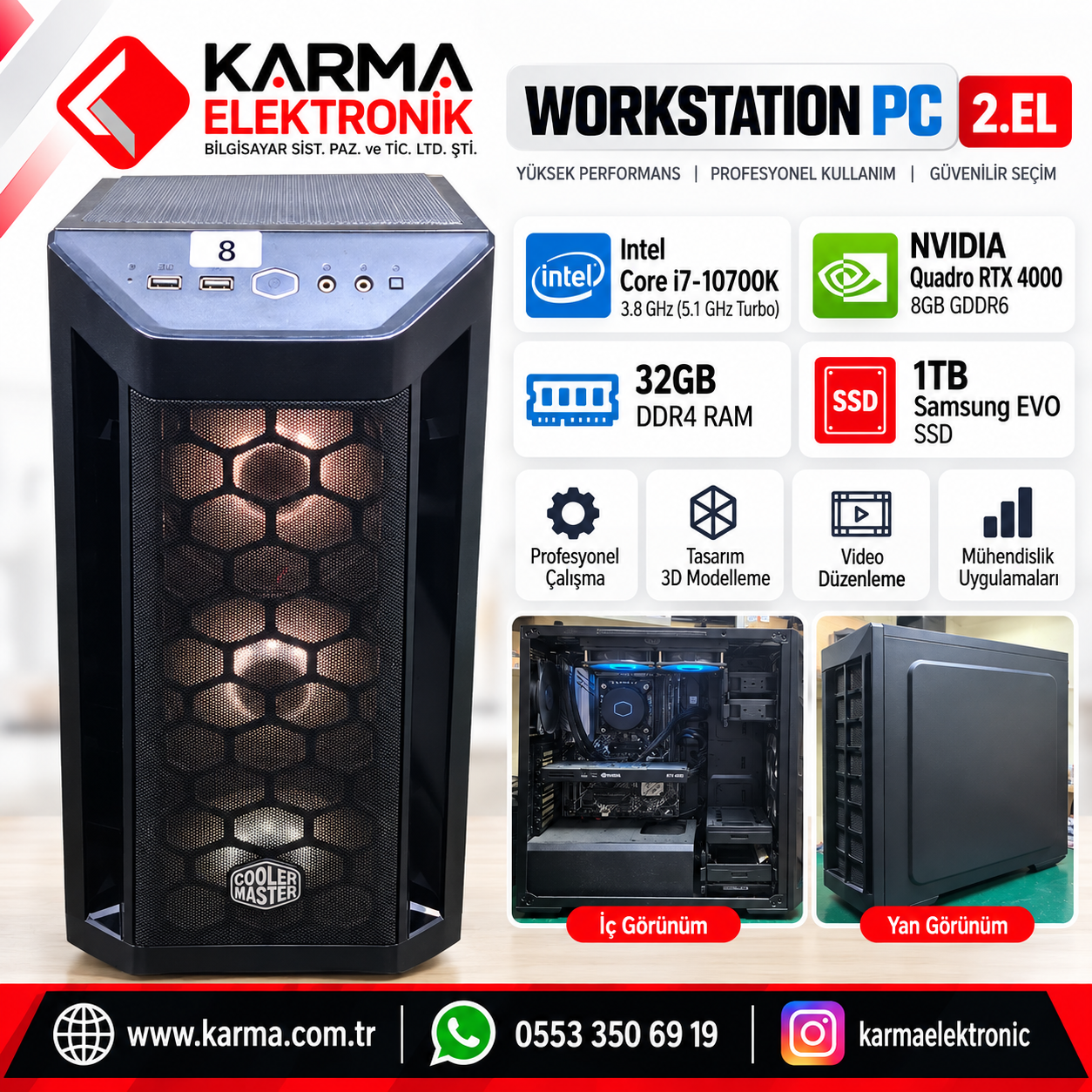İntel i7-10700K 8GB Quadro RTX 4000, 32GB Ram 1 TB SSD Samsung Evo Workstation Pc (2.el)