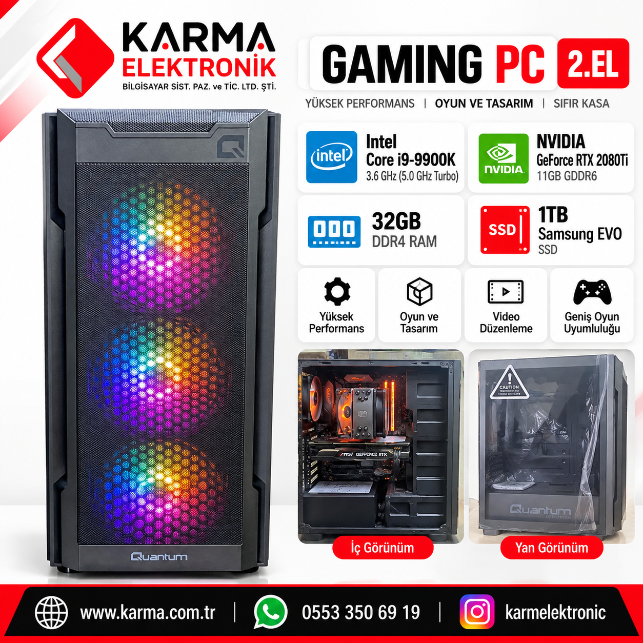 İntel i9-9900K 11GB RTX 2080Tİ 32GB Ram 1 TB SSD Samsung Evo Gaming Pc / Kasa Sıfır