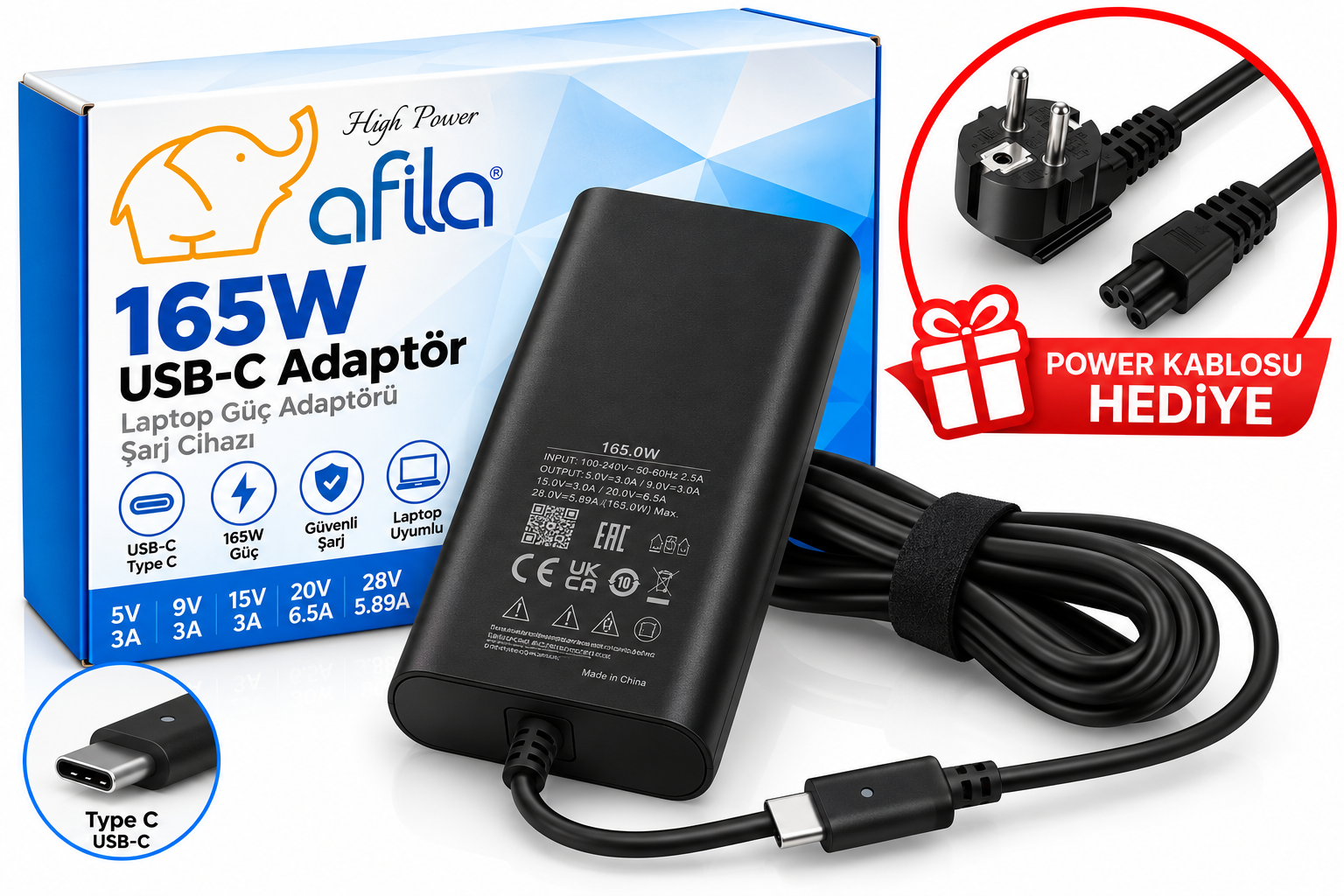 Dell Uyumlu 165W Type-C, USB-C Adaptör, Şarj Cihazı (5V, 9V, 15V, 20V, 28V, 3A, 6,5A, 5,89A Uyumlu)