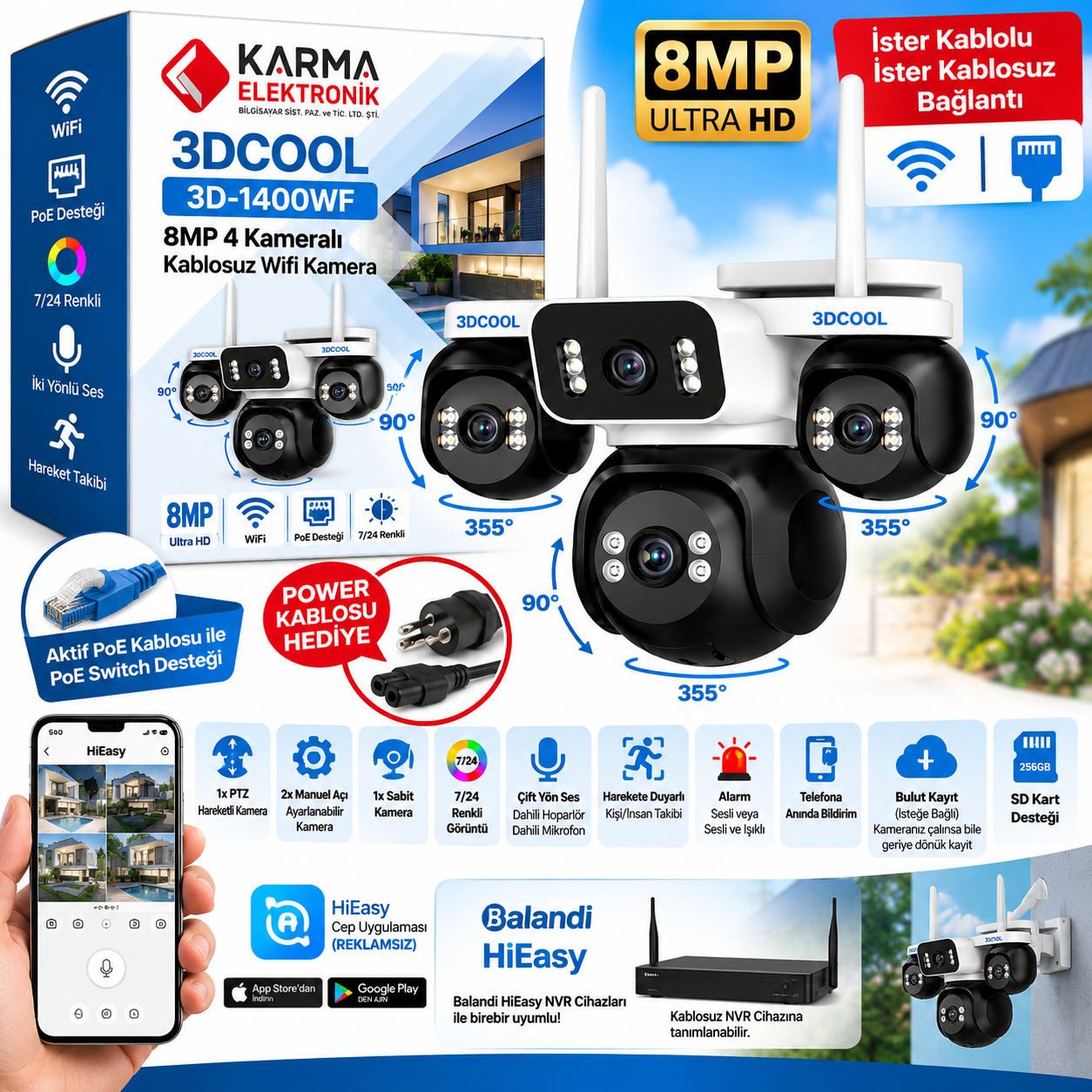 3DCOOL 3D-1400WF 8MP 4 Kameralı Kablosuz Wifi Güvenlik Kamerası (360 Derece)