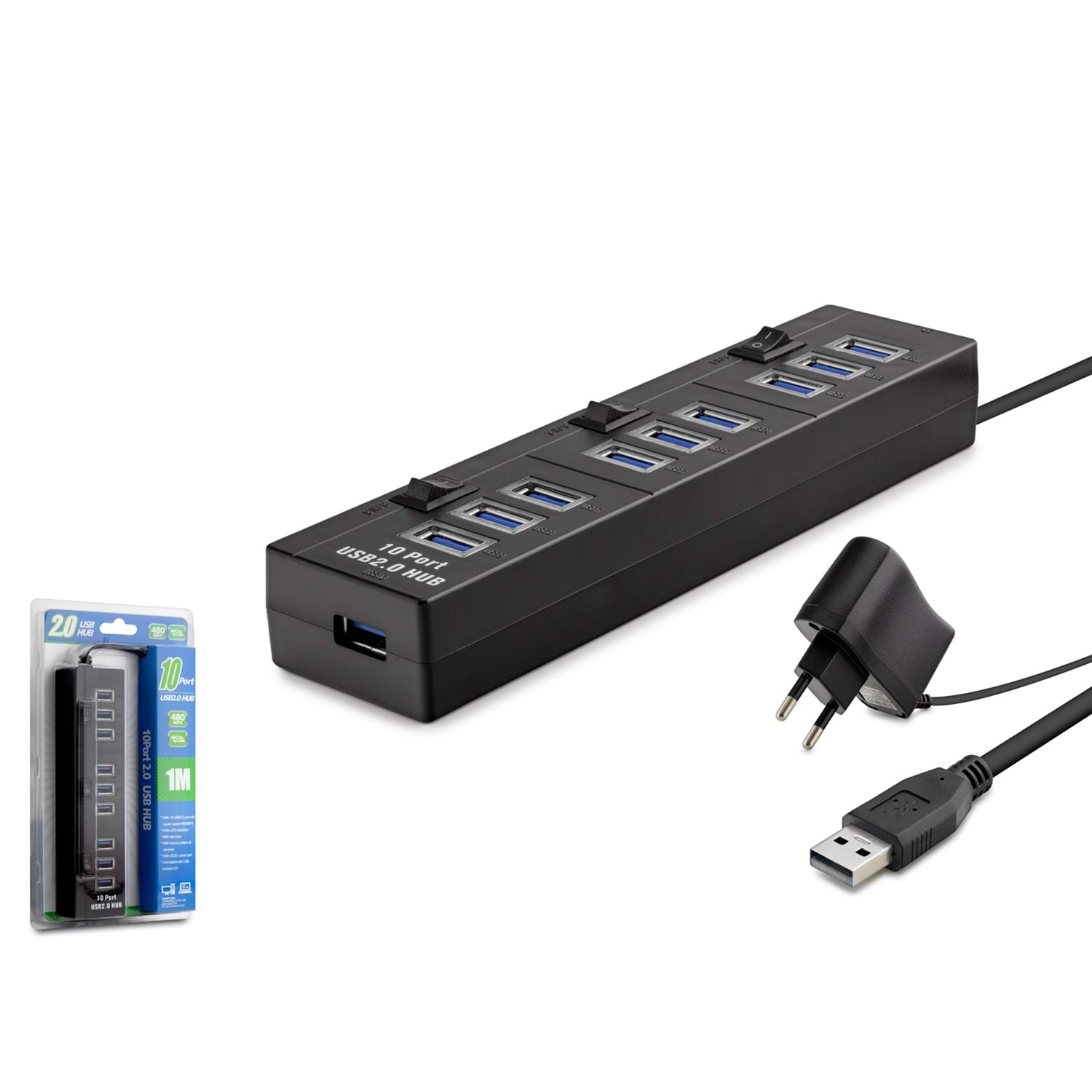 Afila HDX7005 USB Anahtarlı Güç Adaptörlü Hub 10 Port 480 Mbps 1mt Siyah / USB Çoklayıcı