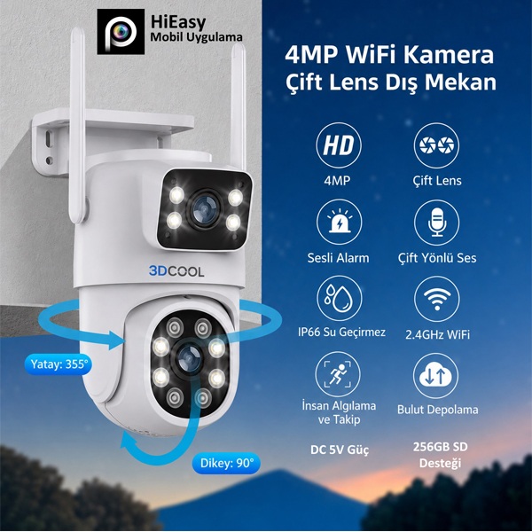 3DCOOL 3D-1200WF 4MP 2 Kameralı Kablosuz Wifi Güvenlik Kamerası (360 Derece)