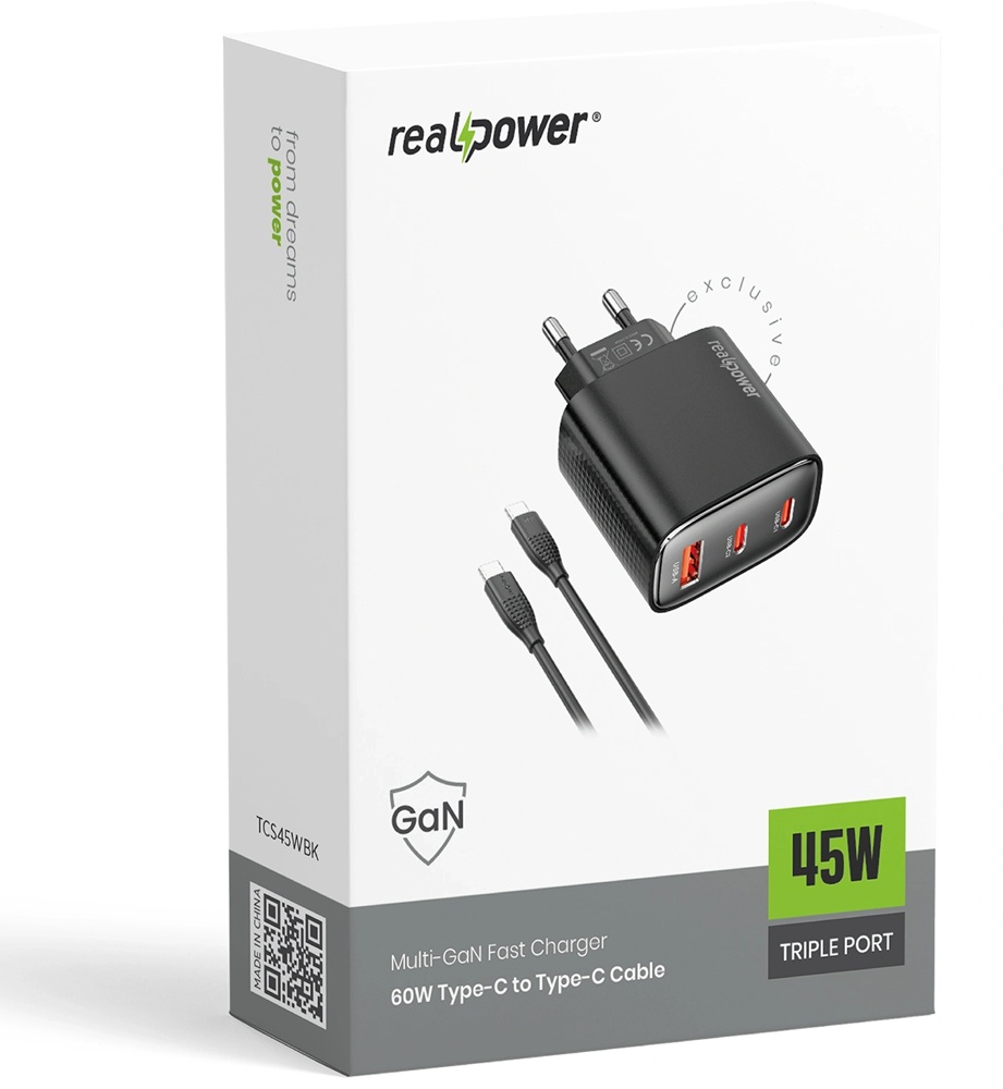 RealPower 45W GaN 3 Çıkışlı USB-C1/C2/PD Cep Telefonu Adaptörü Şarj Aleti Cihazı ve 60W Hızlı Şarj USB-C to Type-C Kablo Seti Siyah