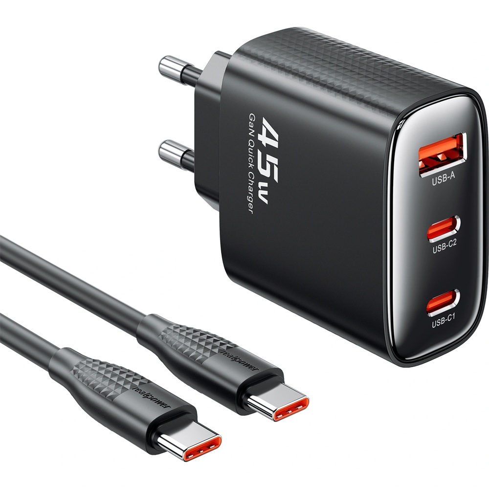 RealPower 45W GaN 3 Çıkışlı USB-C1/C2/PD Cep Telefonu Adaptörü Şarj Aleti Cihazı ve 60W Hızlı Şarj USB-C to Type-C Kablo Seti Siyah