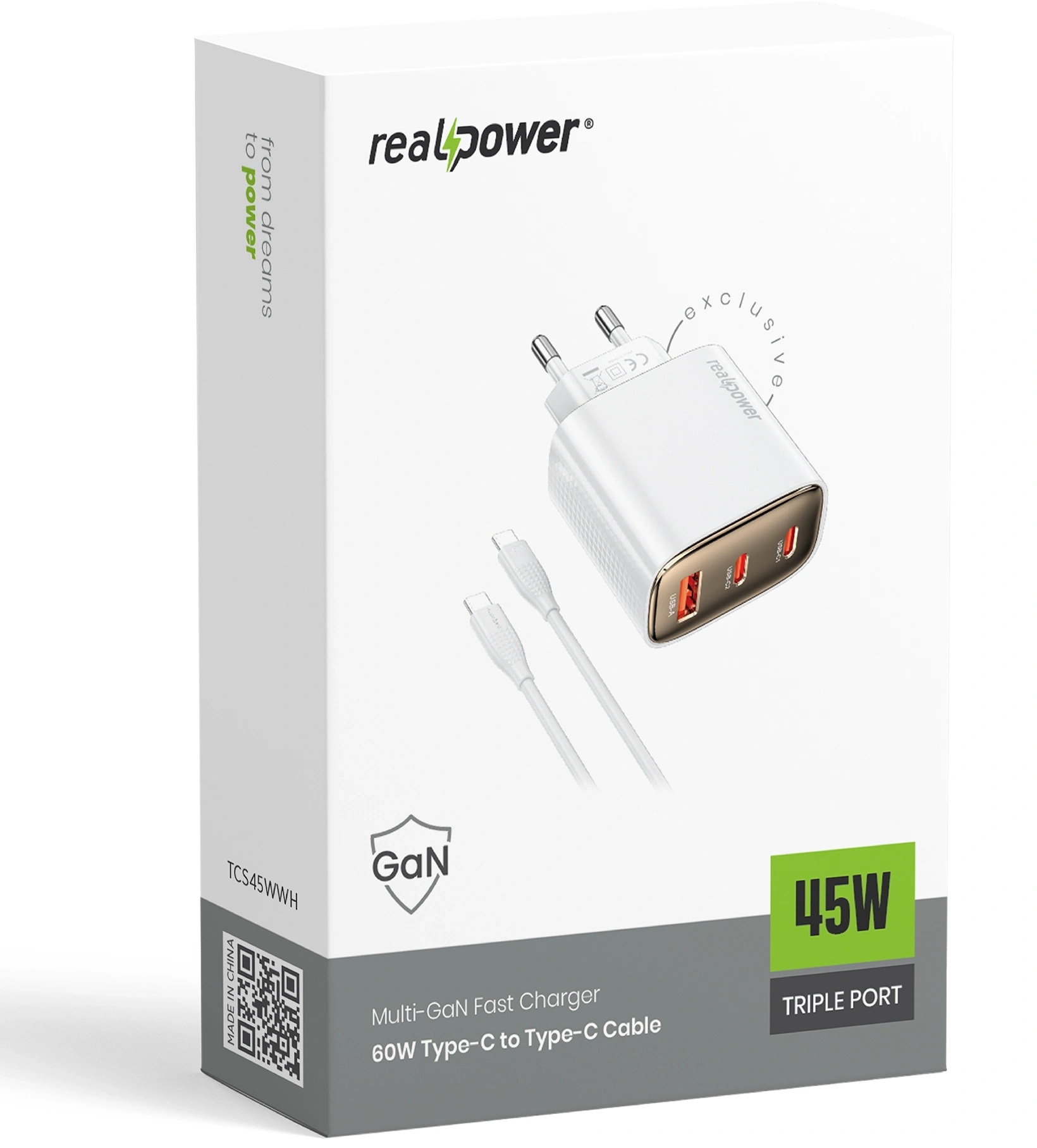 RealPower 45W GaN 3 Çıkışlı USB-C1/C2/PD Cep Telefonu Adaptörü Şarj Aleti Cihazı ve 60W Hızlı Şarj USB-C to Type-C Kablo Seti Beyaz