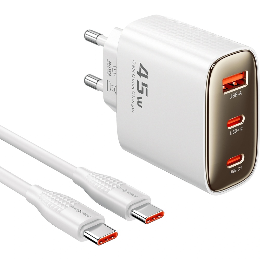 RealPower 45W GaN 3 Çıkışlı USB-C1/C2/PD Cep Telefonu Adaptörü Şarj Aleti Cihazı ve 60W Hızlı Şarj USB-C to Type-C Kablo Seti Beyaz
