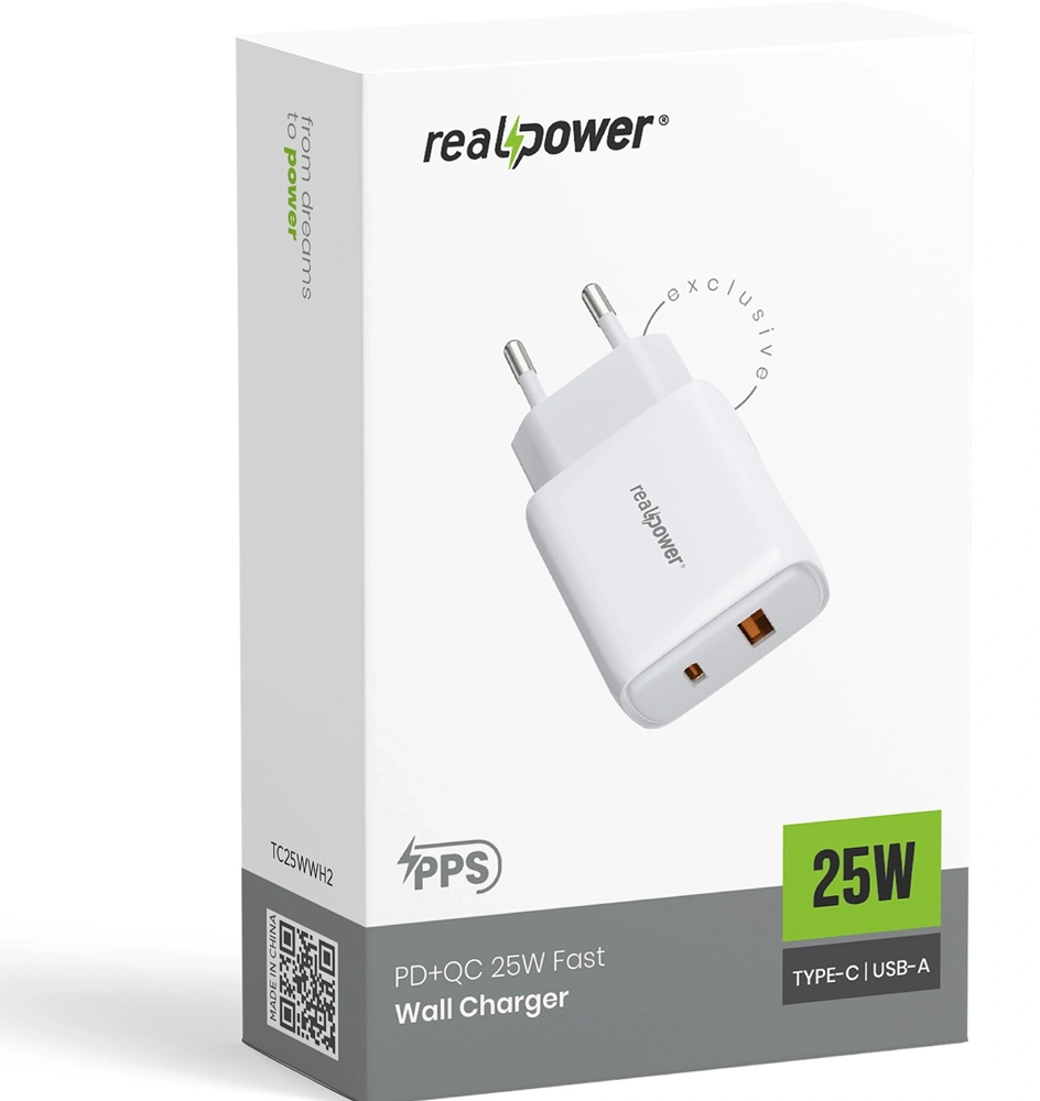 RealPower 25W PPS PD USB-C, Type-C ve USB-A Çift Çıkışlı - Hızlı Şarj Cep Telefonu Adaptörü Şarj Aleti Cihazı Beyaz
