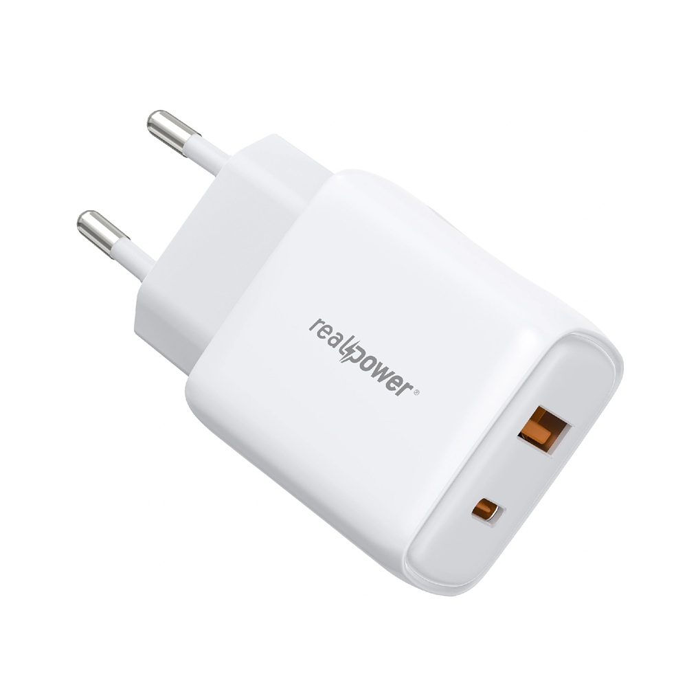 RealPower 25W PPS PD USB-C, Type-C ve USB-A Çift Çıkışlı - Hızlı Şarj Cep Telefonu Adaptörü Şarj Aleti Cihazı Beyaz