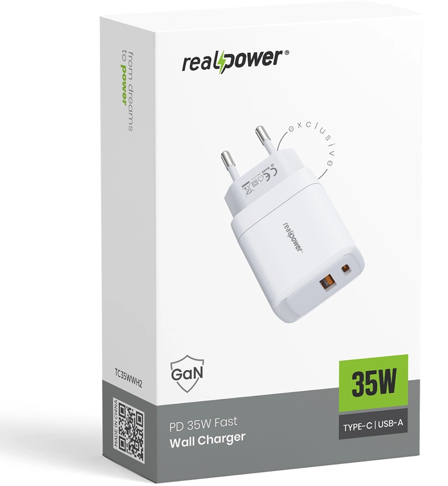 RealPower 35W GaN USB-C, Type-C ve USB-A Çift Çıkışlı PD - Hızlı Şarj Cep Telefonu Adaptörü Şarj Aleti Cihazı Beyaz