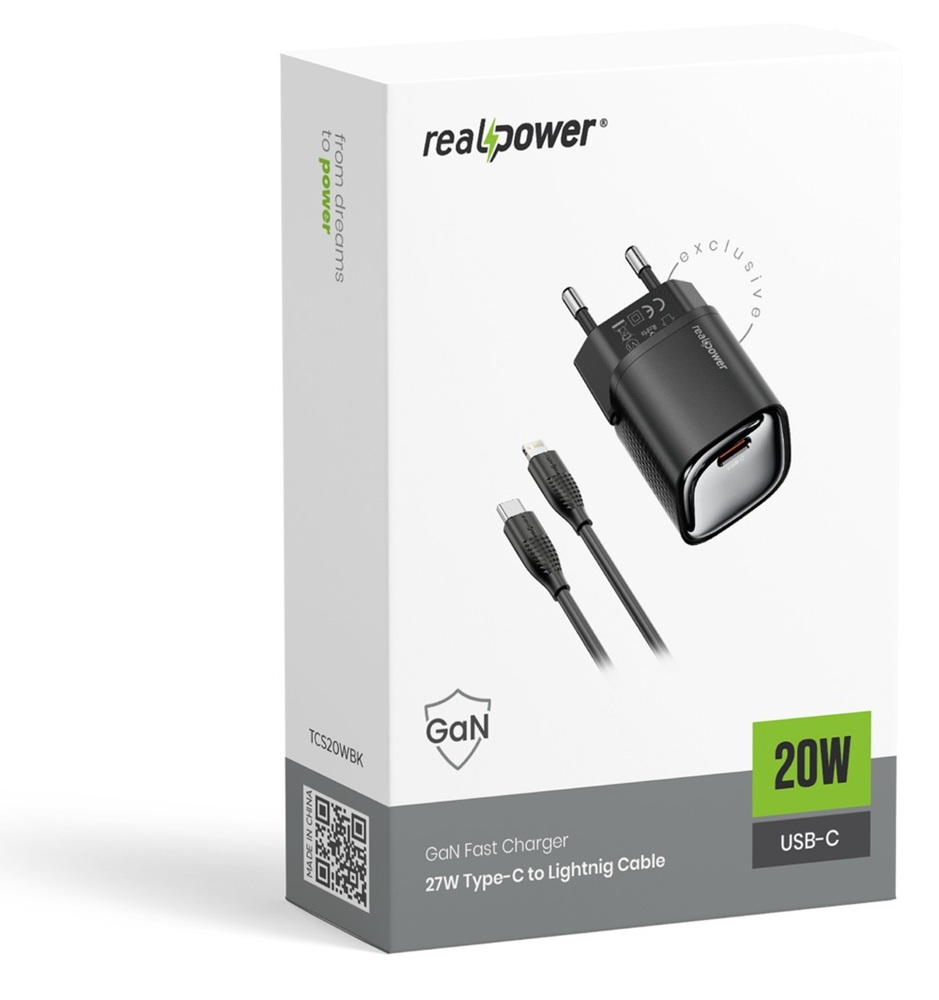 RealPower 20W GaN USB-C PD ve Type-C to Lightning - Hızlı Şarj Cep Telefonu Adaptörü Şarj Aleti Cihazı Siyah