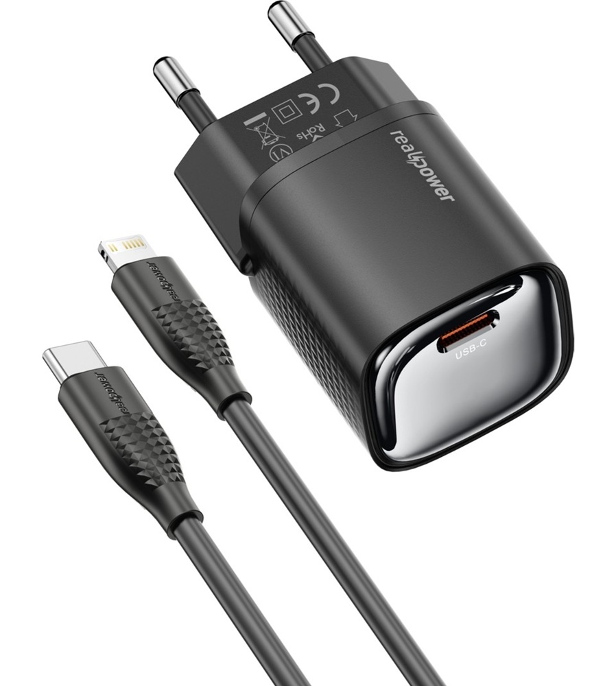 RealPower 20W GaN USB-C PD ve Type-C to Lightning - Hızlı Şarj Cep Telefonu Adaptörü Şarj Aleti Cihazı Siyah