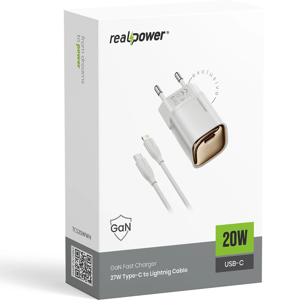 RealPower 20W GaN USB-C PD ve Type-C to Lightning - Hızlı Şarj Cep Telefonu Adaptörü Şarj Aleti Cihazı Beyaz