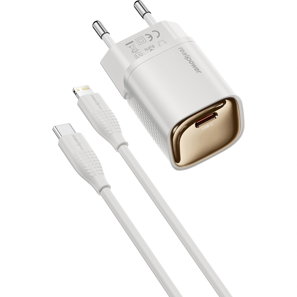 RealPower 20W GaN USB-C PD ve Type-C to Lightning - Hızlı Şarj Cep Telefonu Adaptörü Şarj Aleti Cihazı Beyaz