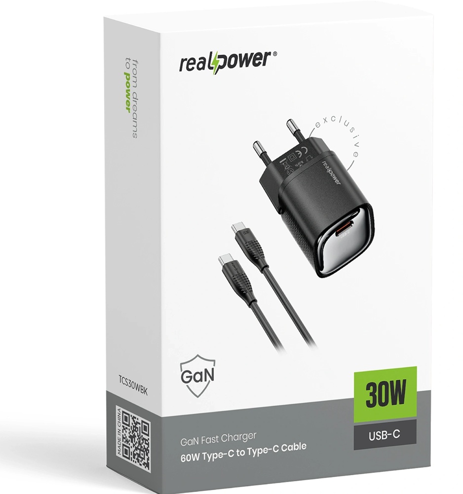 RealPower 30W GaN USB-C PD ve Type-C to Type-C Kablo - Hızlı Şarj Cep Telefonu Adaptörü Şarj Aleti Cihazı Siyah
