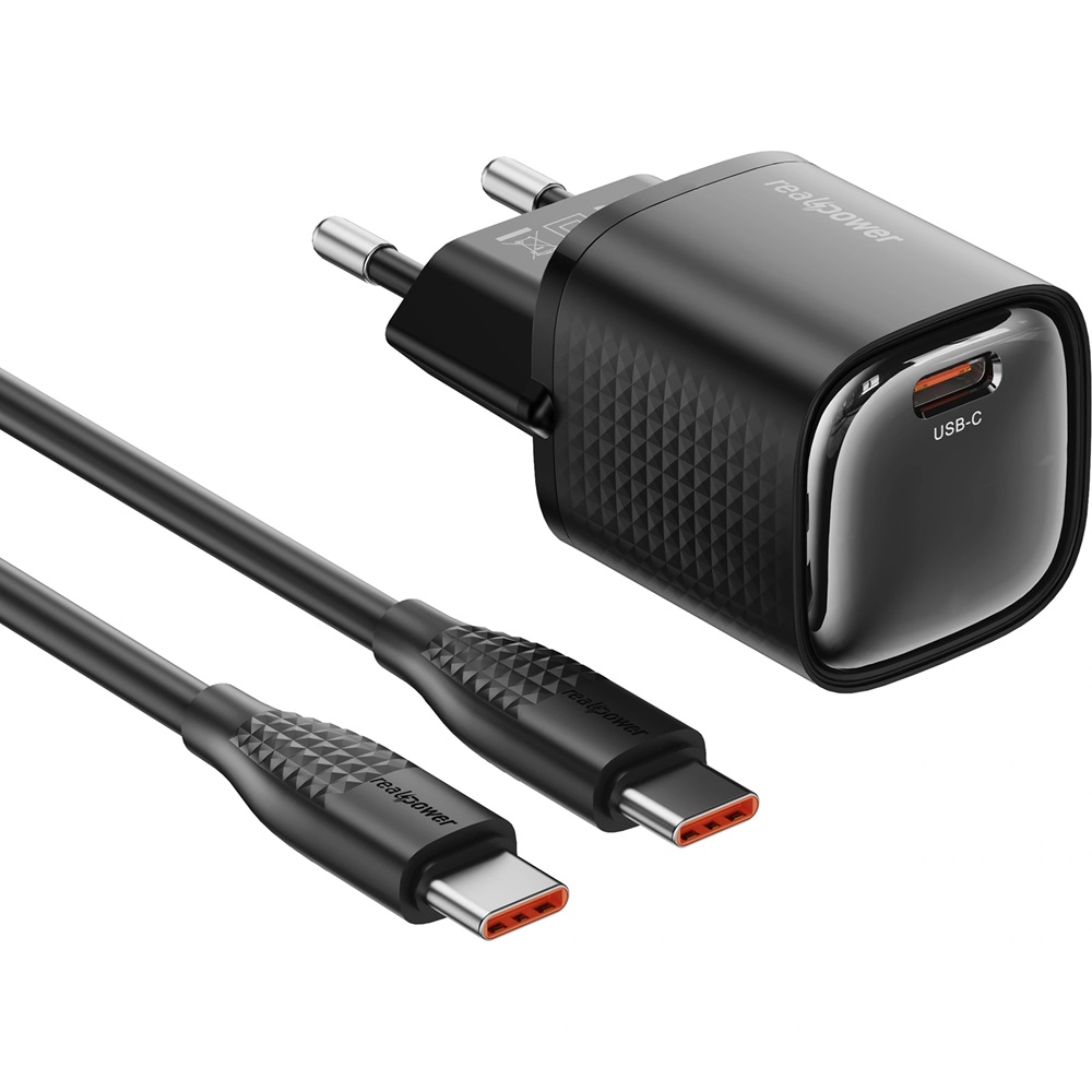 RealPower 30W GaN USB-C PD ve Type-C to Type-C Kablo - Hızlı Şarj Cep Telefonu Adaptörü Şarj Aleti Cihazı Siyah