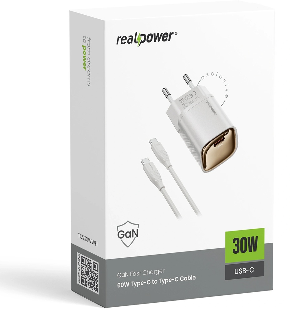 RealPower 30W GaN USB-C PD ve Type-C to Type-C Kablo - Hızlı Şarj Cep Telefonu Adaptörü Şarj Aleti Cihazı Beyaz