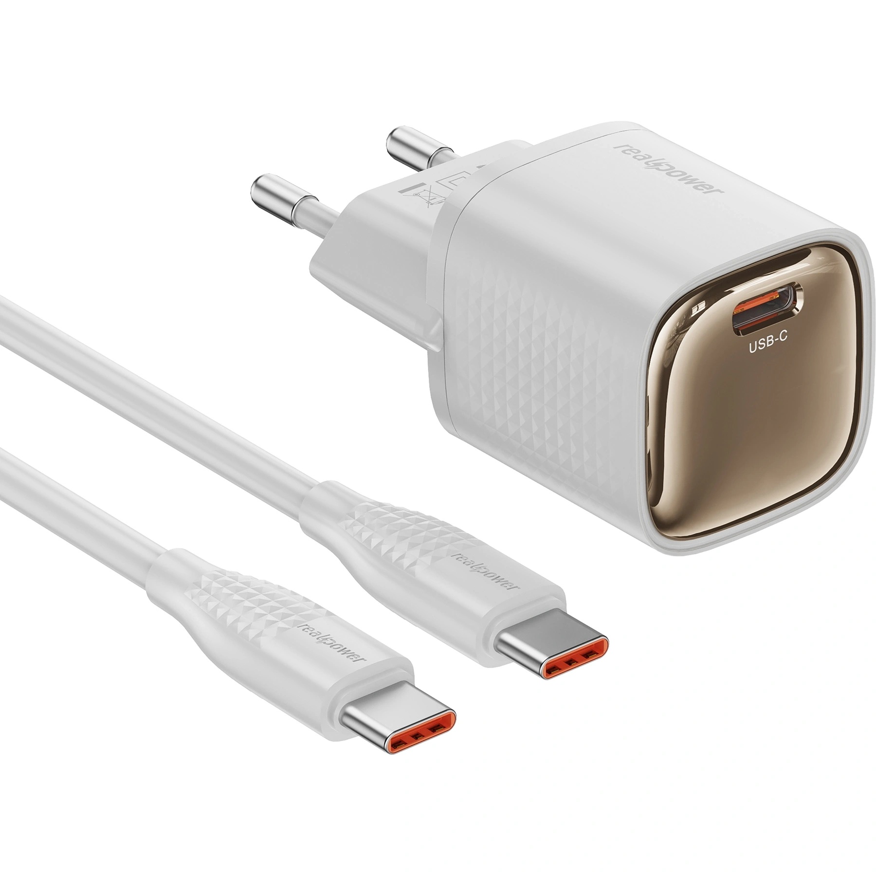RealPower 30W GaN USB-C PD ve Type-C to Type-C Kablo - Hızlı Şarj Cep Telefonu Adaptörü Şarj Aleti Cihazı Beyaz