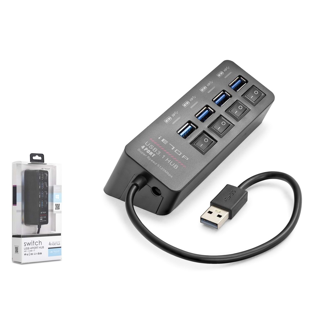 iETOP HDX7056 USB 3.1 Gen1 Anahtarlı Hub 4 Port 5 Gbps Siyah USB Çoklayıcı