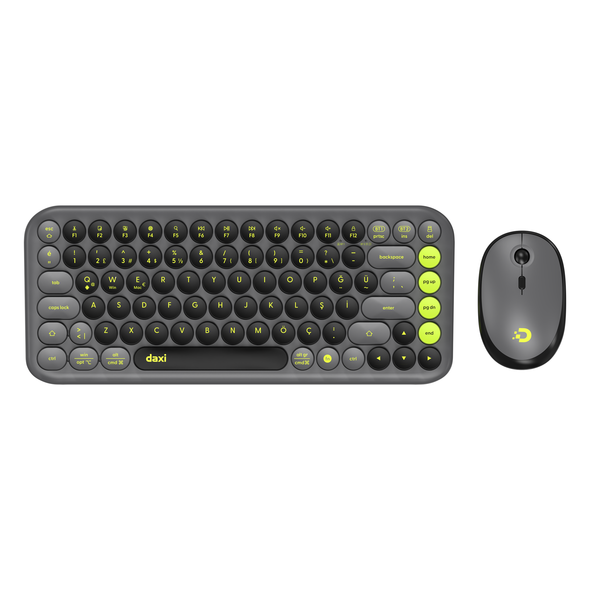 DAXİ MK-340 Klavye Kablosuz Set Bluetooth/ WiFi Yeşil - Gri Q TR Retro Tuş 3 Cihaza Bağlantı Mini