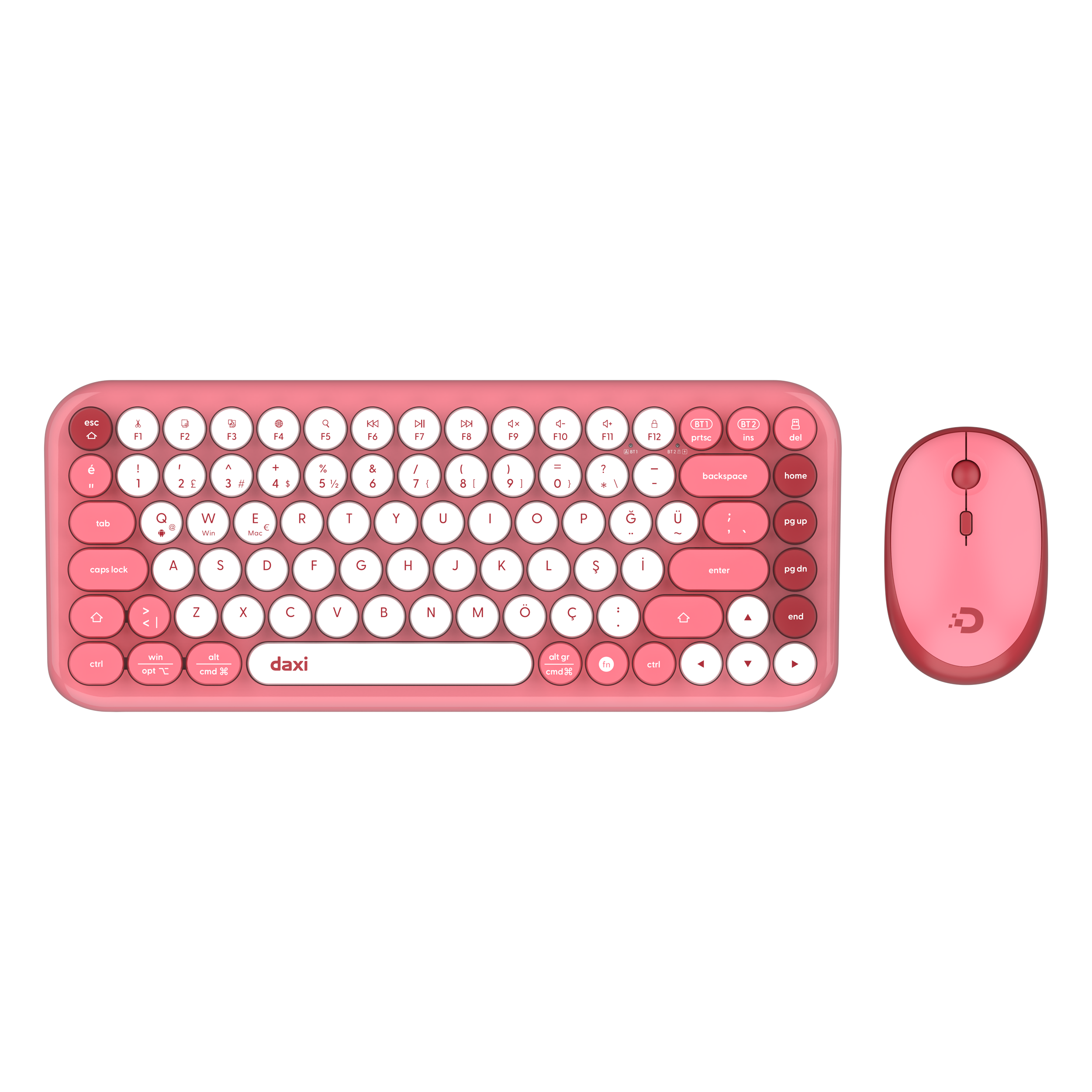 DAXİ MK-340 Klavye Kablosuz Set Bluetooth/ WiFi Pembe - Beyaz Q TR Retro Tuş 3 Cihaza Bağlantı Mini