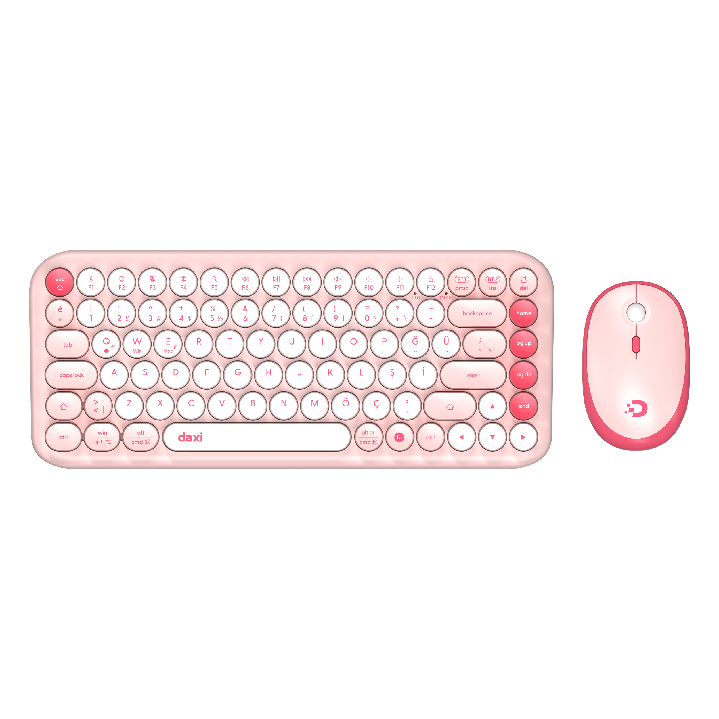 DAXİ MK-340 Klavye Kablosuz Set Bluetooth/ WiFi Açık Pembe Q TR Retro Tuş 3 Cihaza Bağlantı Mini