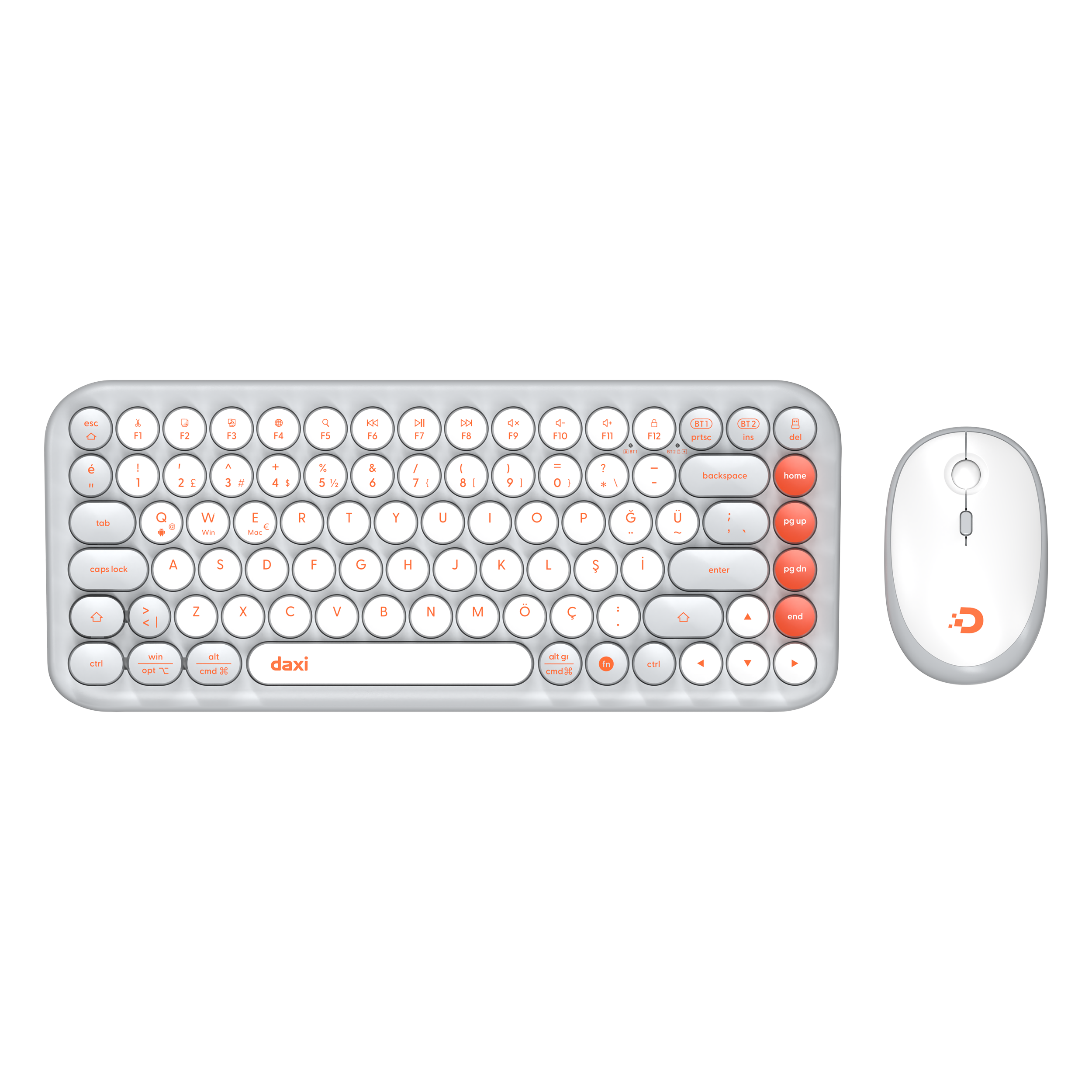 DAXİ MK-340 Klavye Kablosuz Set Bluetooth/ WiFi Beyaz - Gri Q TR Retro Tuş 3 Cihaza Bağlantı Mini