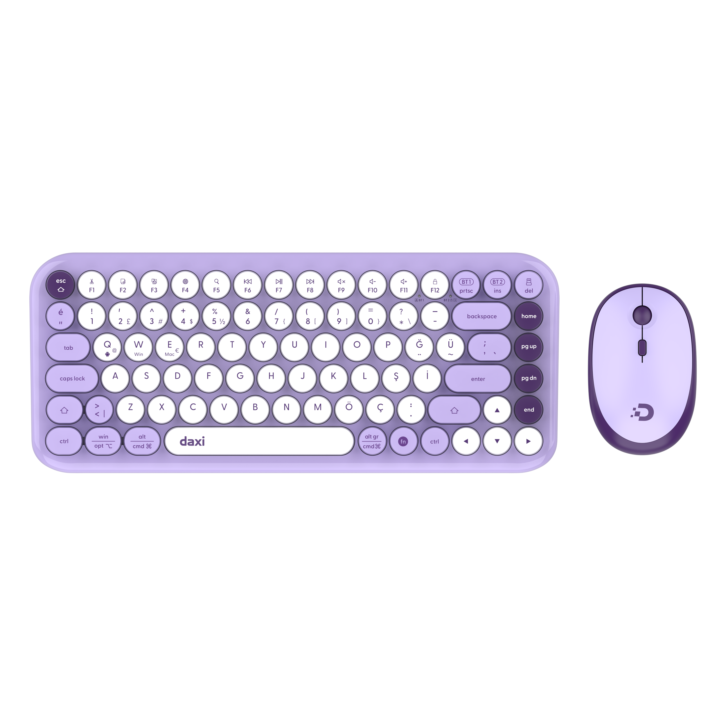 DAXİ MK-340 Klavye Kablosuz Set Bluetooth/ WiFi Lila - Beyaz Q TR Retro Tuş 3 Cihaza Bağlantı Mini