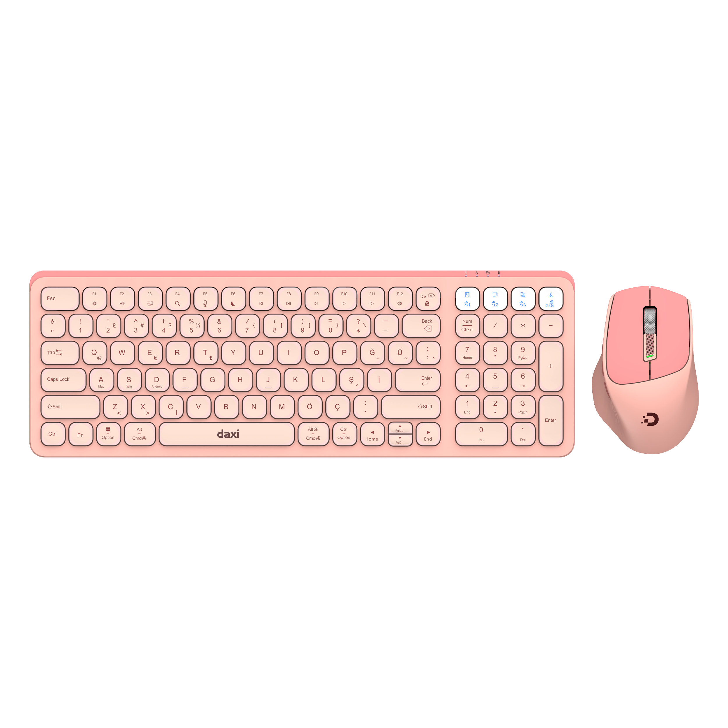 DAXİ MK-390 Klavye Kablosuz Set Bluetooth/ WiFi Pembe Q TR Retro Tuş 3 Cihaza Bağlantı