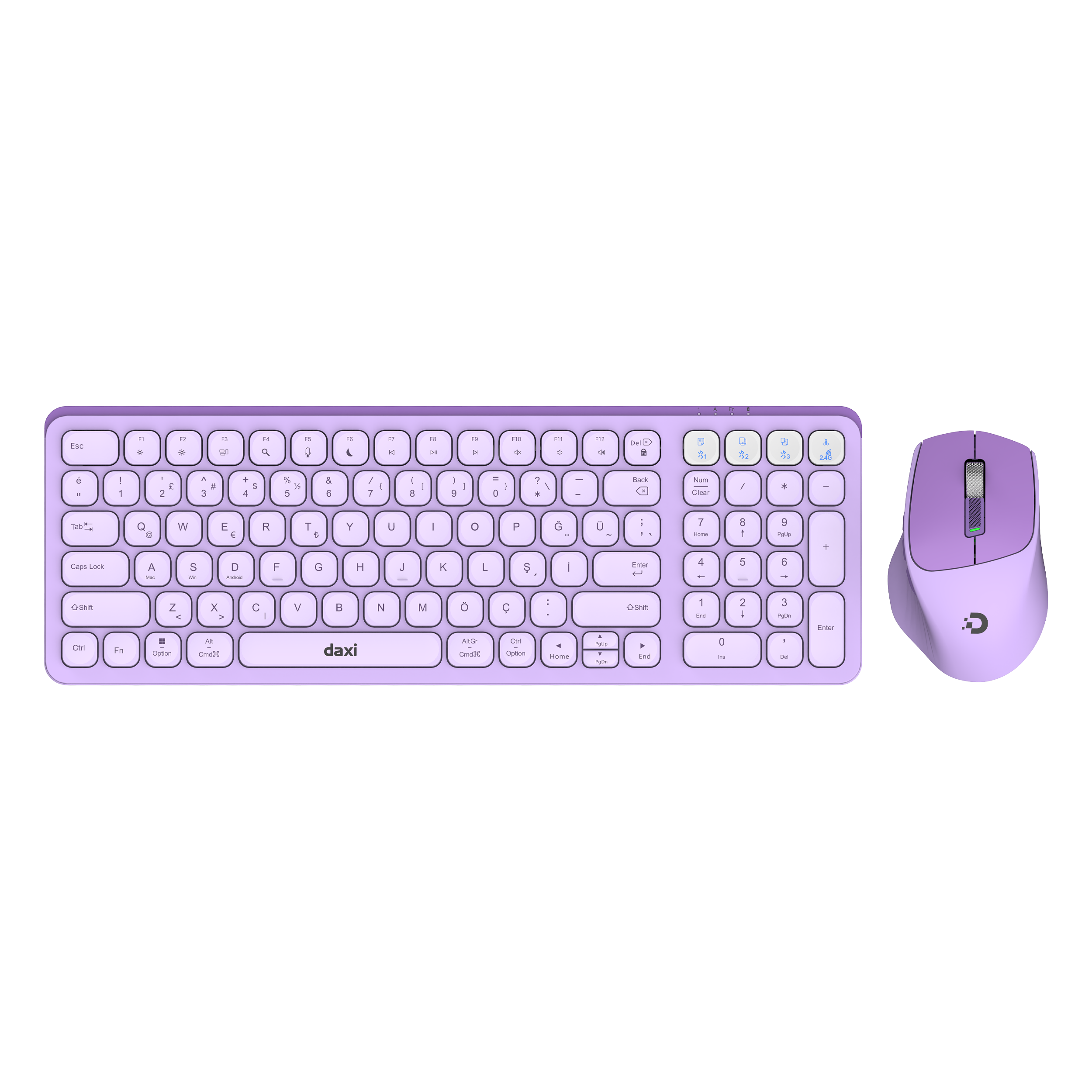 DAXİ MK-390 Klavye Kablosuz Set Bluetooth/ WiFi Lila Q TR Retro Tuş 3 Cihaza Bağlantı