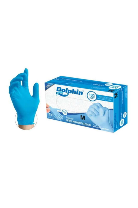 Dolphin Mavi Nitril Muayene Eldiveni Pudrasız Medium 100 Lü