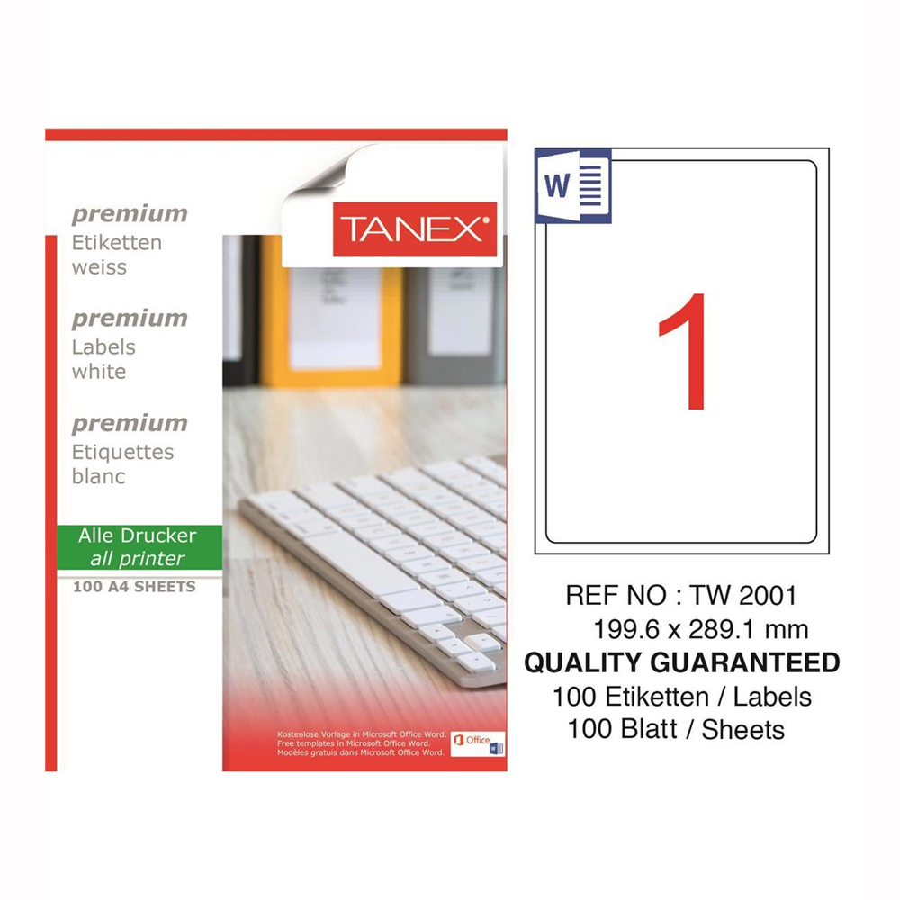 Tanex Laser Etiket Tw-2001 199,6X289,1 Mm ( 1 ) 100 Lü