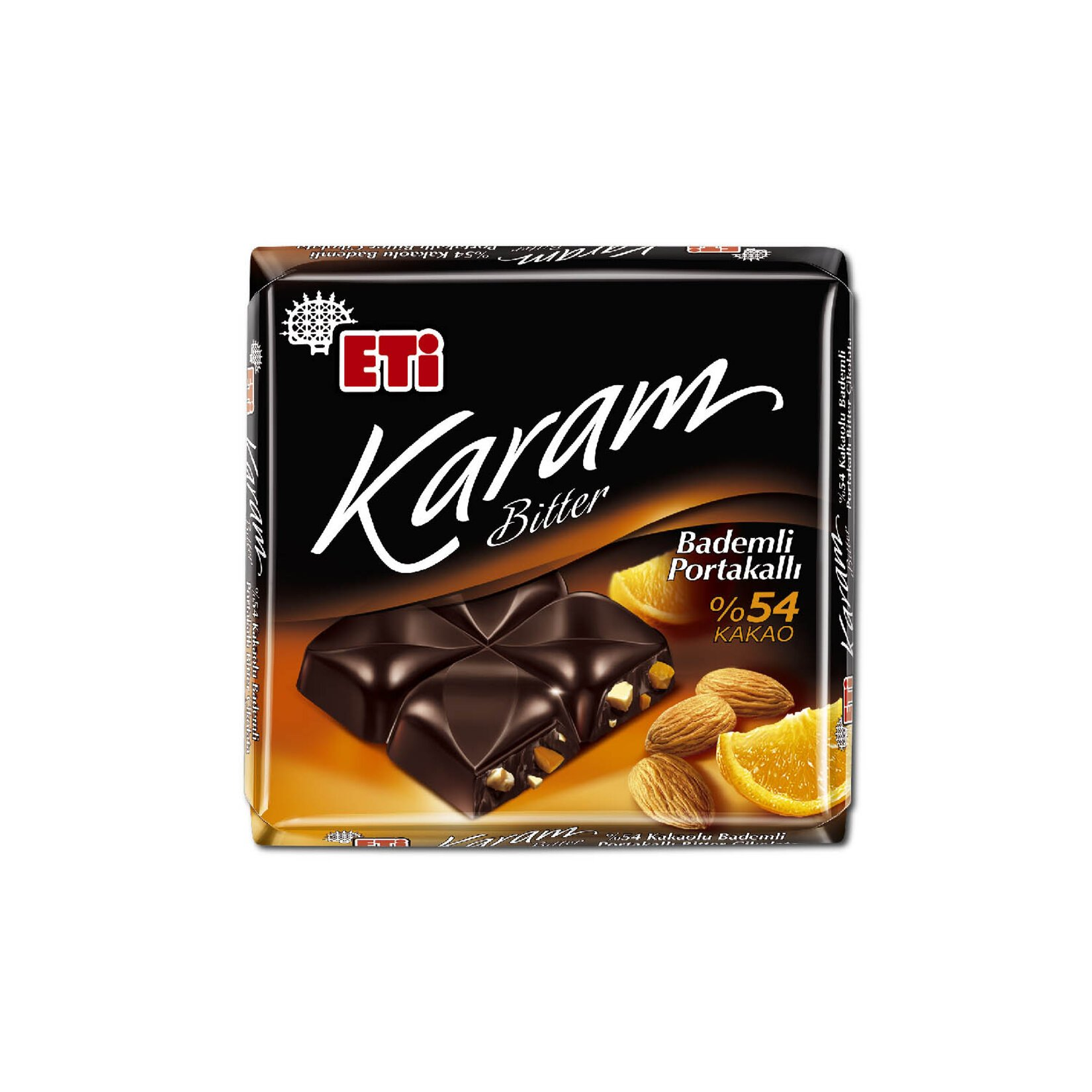 ETİ KARAM %54 KAKAOLU BADEMLİ PORTAKALLI BİTTER ÇİKOLATA 60 G