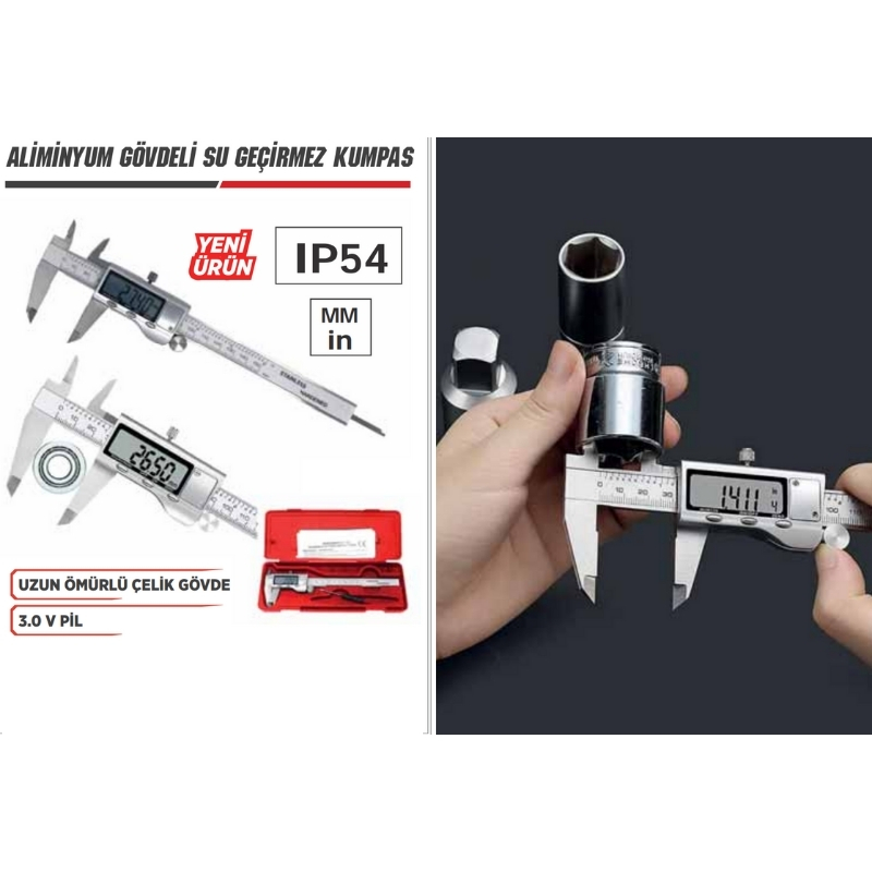 RODEX Dijital Kumpas Paslanmaz Çelik Gövde 3 V Pil 150mm