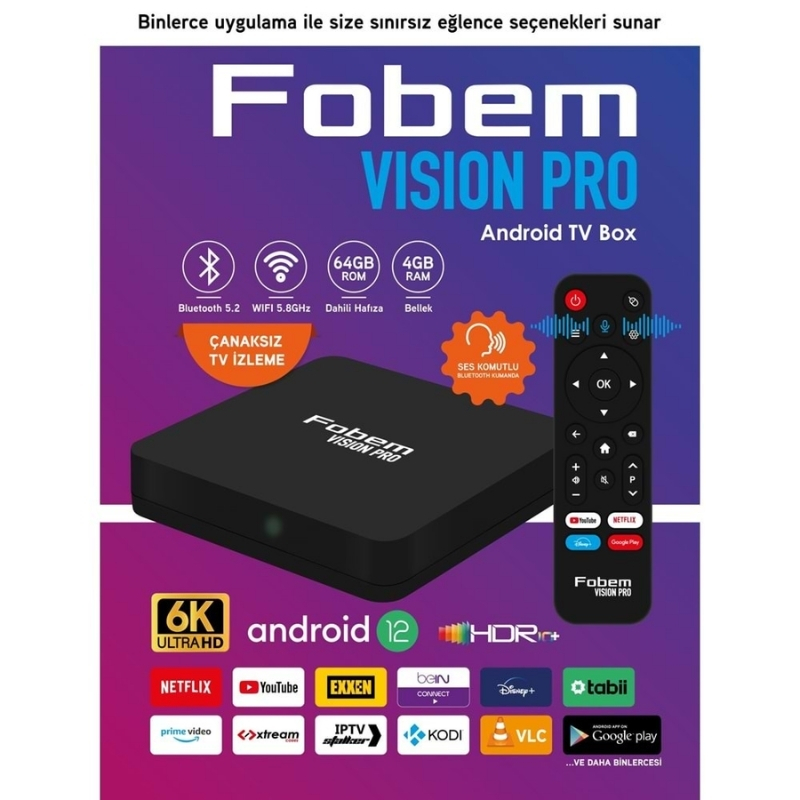FOBEM Vısıon PRO Android 12 Wifi 5.0Ghz 4GB Ram 64GB Rom Ses Komutlu Akılı Kumanda 114045