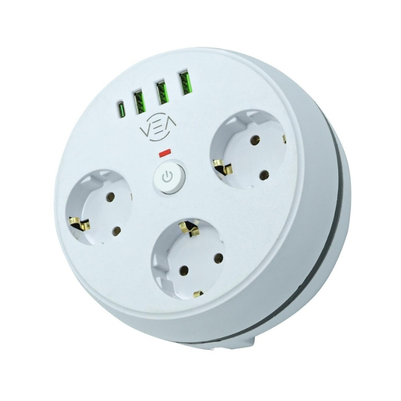 VEA Akım Korumalı Priz Yuvarlak 3'lü 1,5mt Kablolu 3 USB'li + Type C