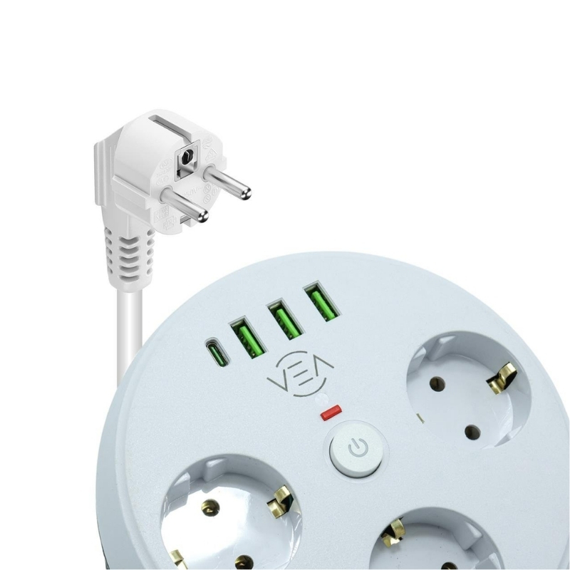 VEA Akım Korumalı Priz Yuvarlak 3'lü 1,5mt Kablolu 3 USB'li + Type C