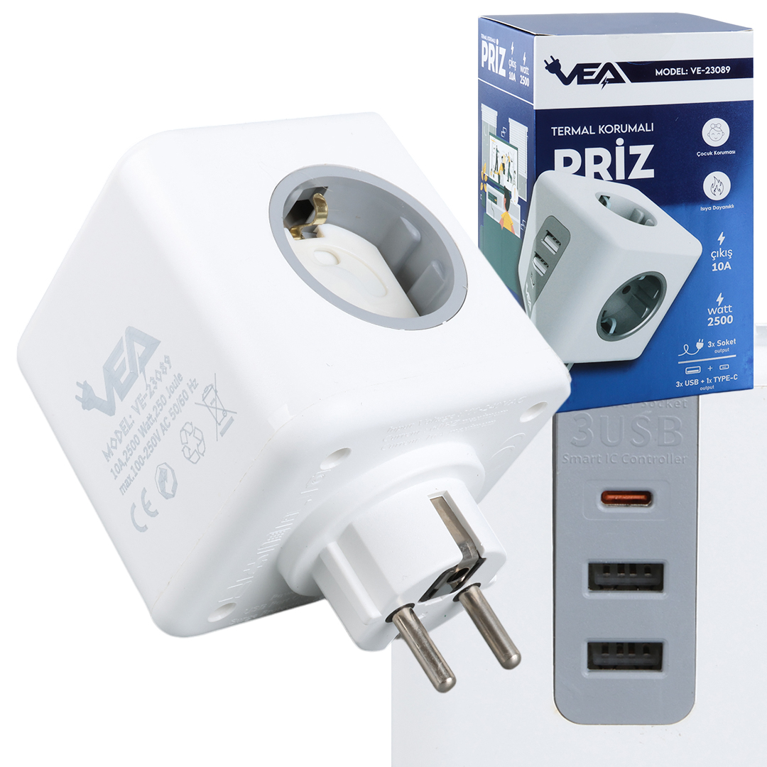 VEA Akım Korumalı Priz 3'lü 2 Usb + 1 Type C'li