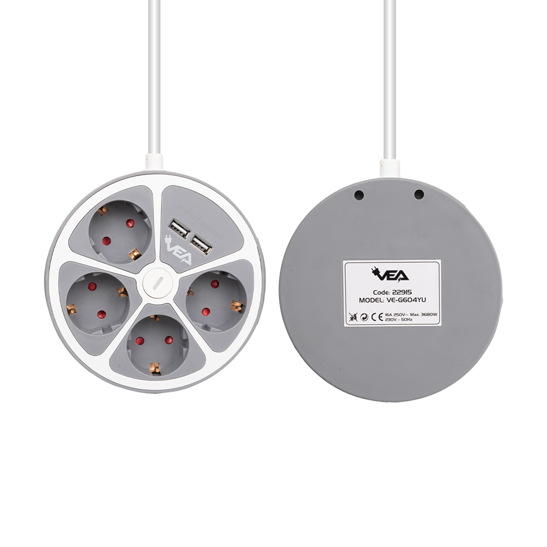 VEA Akım Korumalı Priz 4'lü 1,5mt Kablolu 2 Usb'li Anahtarlı