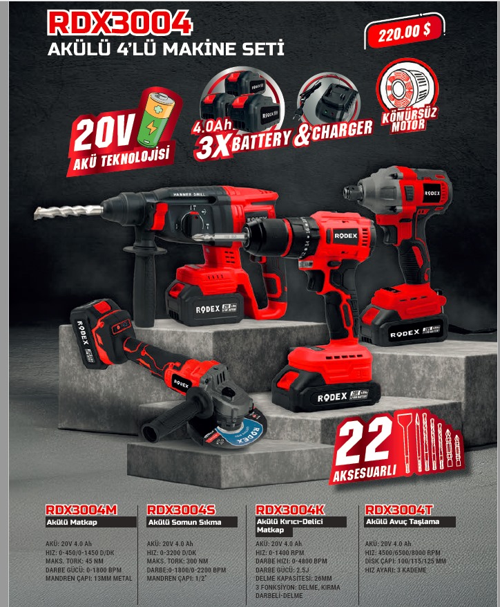 RODEX 4 Lü Makina Seti (20V 3*4 Ah LI-ON Matkap-45NM Somun Sıkma-300NM Kırıcı Delici-2,5J Avuç Taşlama-125mm Aksesuarlı BMC)