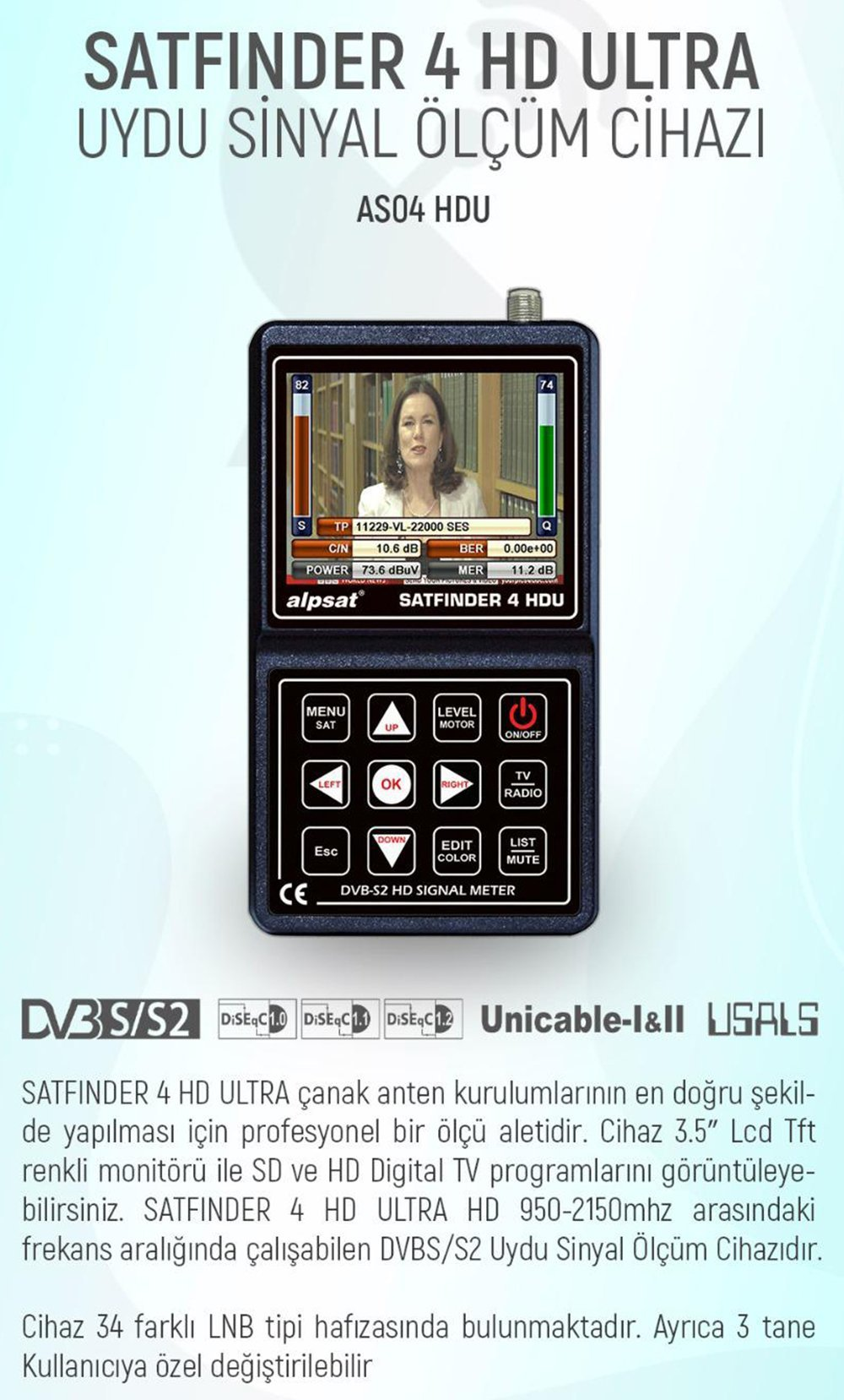ALPSAT Satfinder AS04-HDU 4 HD ULTRA 3.5" LCD Ekranlı Uydu Yön Bulucu