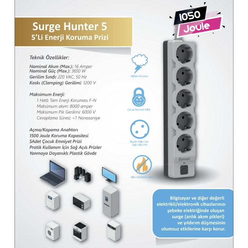 Dotvolt Surge Hunter 1050 Joule 1.5mt Kablolu Beşli Akım Korumalı Priz