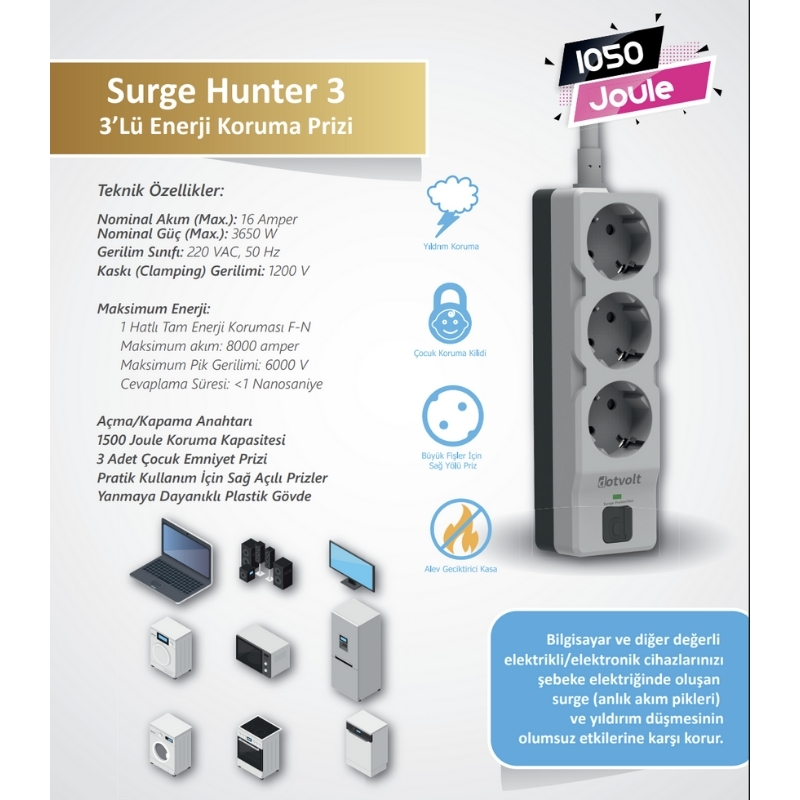 Dotvolt Surge Hunter 1050 Joule 1.5mt Kablolu Üçlü Akım Korumalı Priz