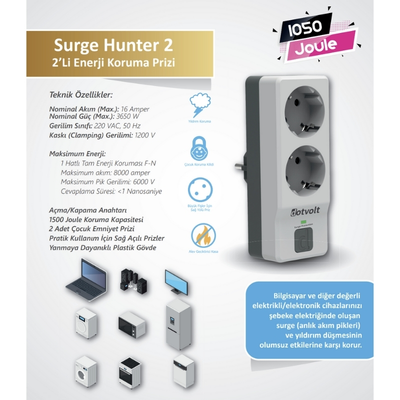 Dotvolt Surge Hunter 1050 Joule İkili Akım Korumalı Priz