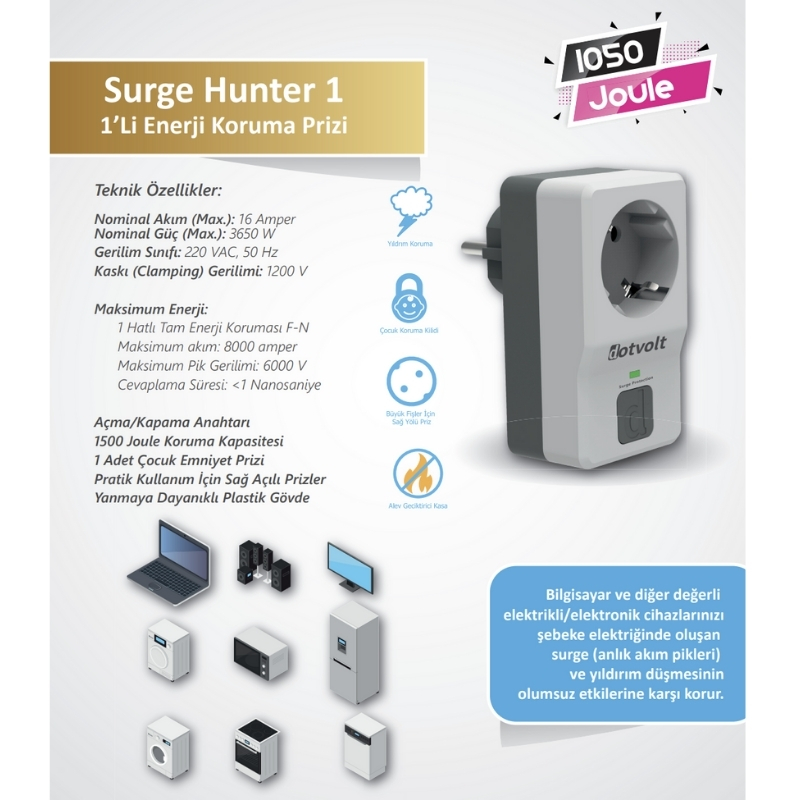 Dotvolt Surge Hunter 1050 Joule Tekli Akım Korumalı Priz