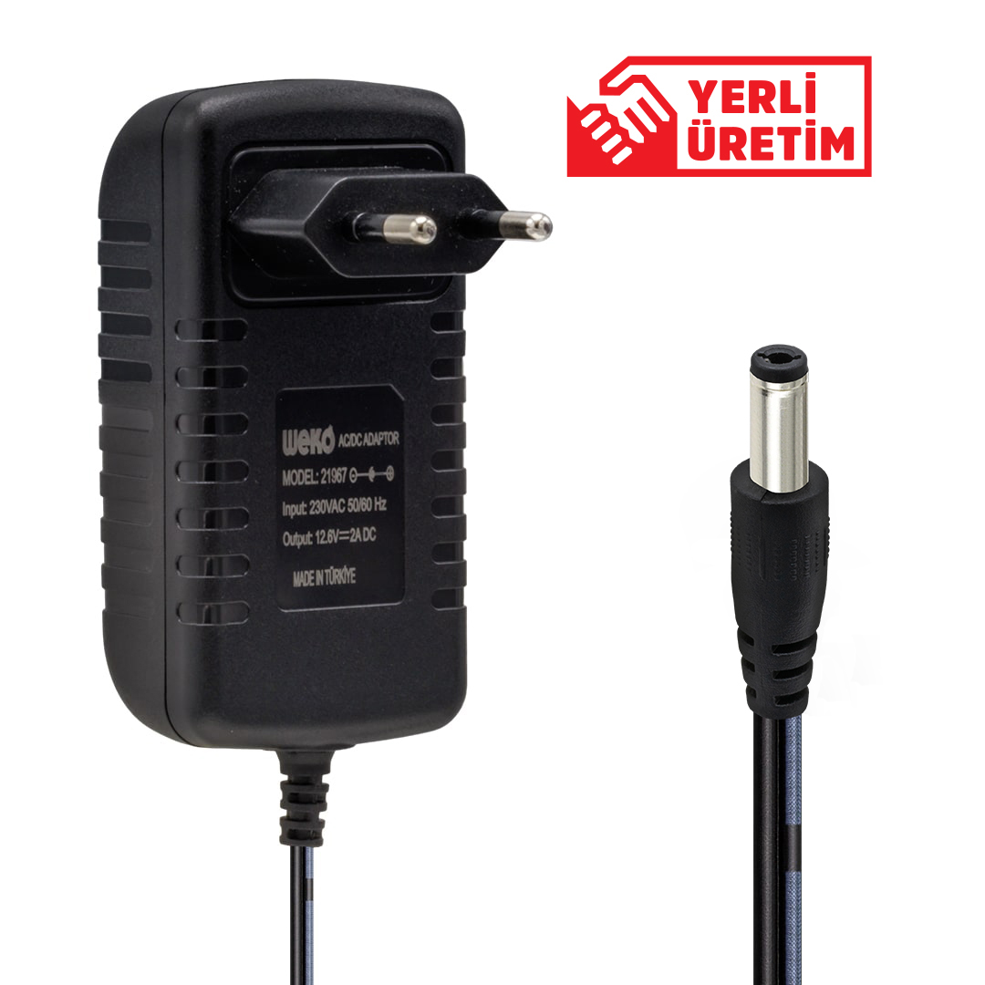 WEKO 12.6 Volt- 2 Amper 5.5*2.5 Uçlu Kırmızı Yeşil Ledli Yerli Üretim Priz Tipi Şarj Adaptörü