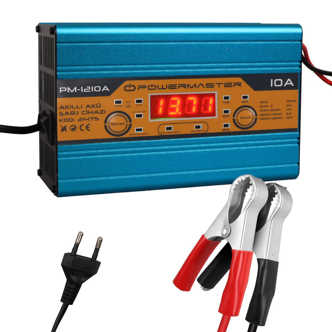POWERMASTER PM-1210A 12 Volt Max 10 Amper Dijital Ekranlı Akıllı Kuru - Asit - Jel Akü Şarj Cihazı