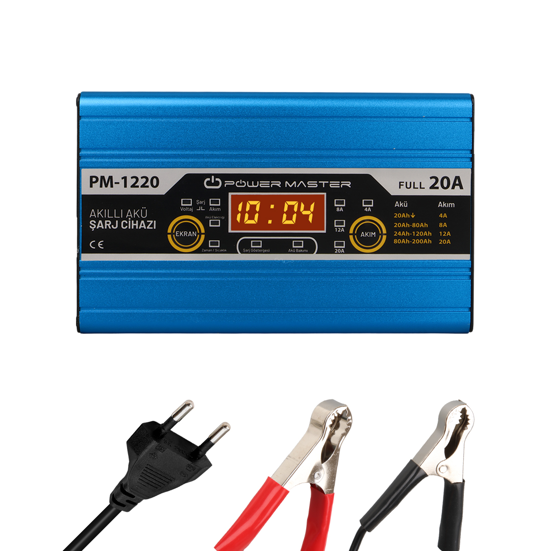 POWERMASTER PM-1220 12 Volt Max 20 Amper LCD Ekranlı Kuru - Asit - Jel Akü Şarj Cihazı