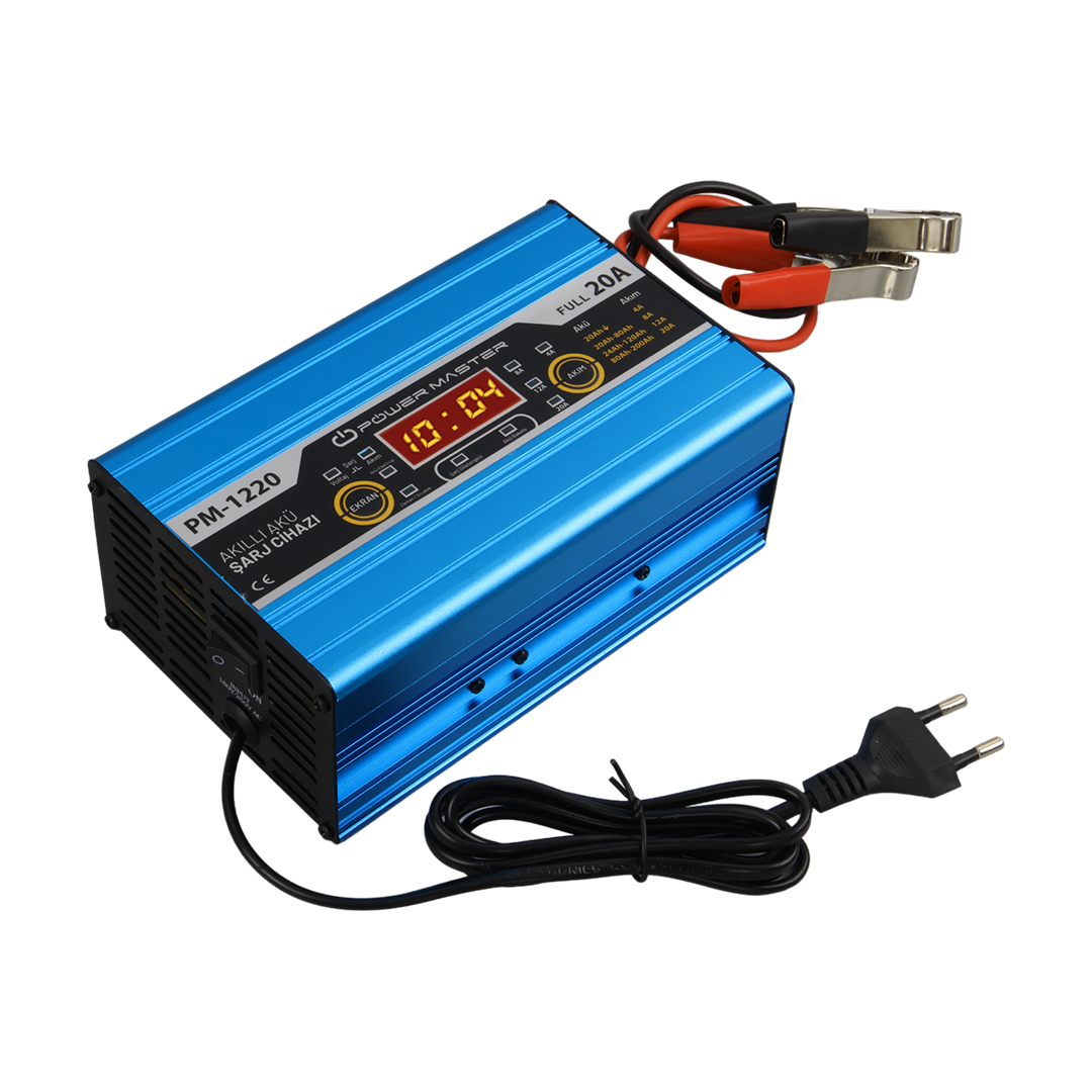 POWERMASTER PM-1220 12 Volt Max 20 Amper LCD Ekranlı Kuru - Asit - Jel Akü Şarj Cihazı