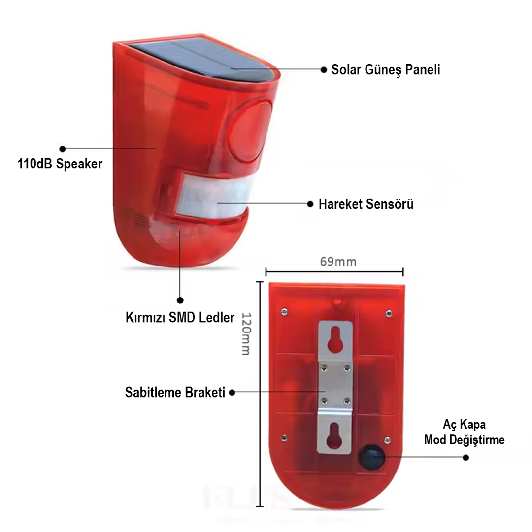 PM-26943 Solar Hareket Sensörlü Hayvan Kovucu Alarm Cihazı 129 dB