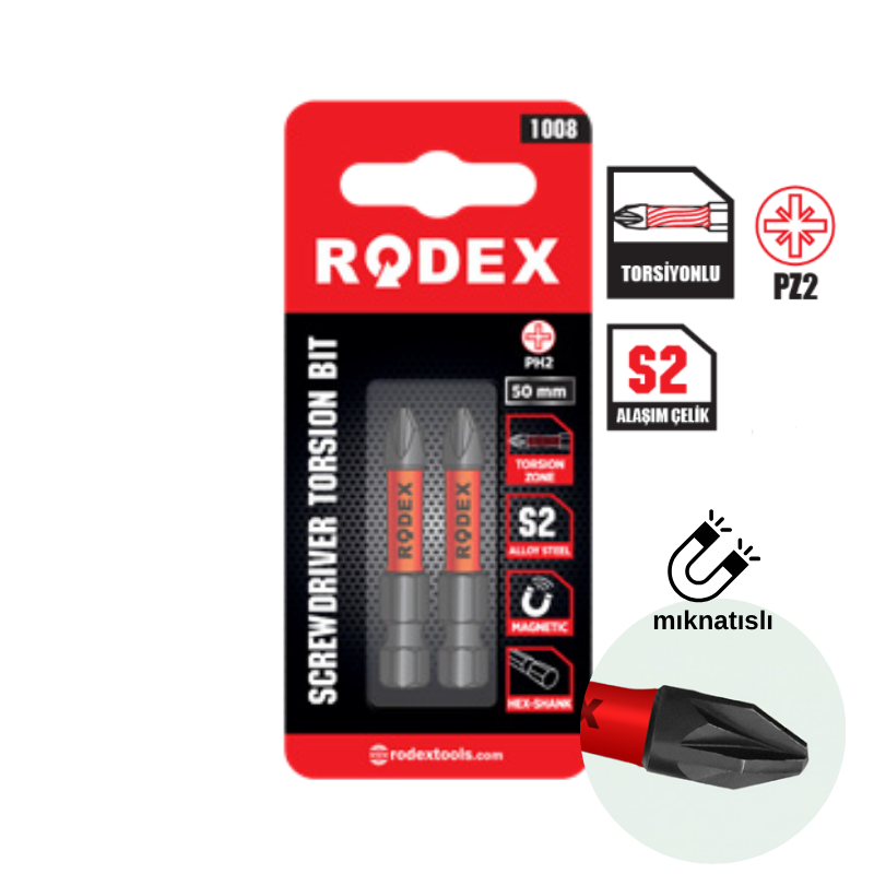 RODEX Torsıon Serisi Vidalama Ucu PZ2, 50mm 2 li Paket